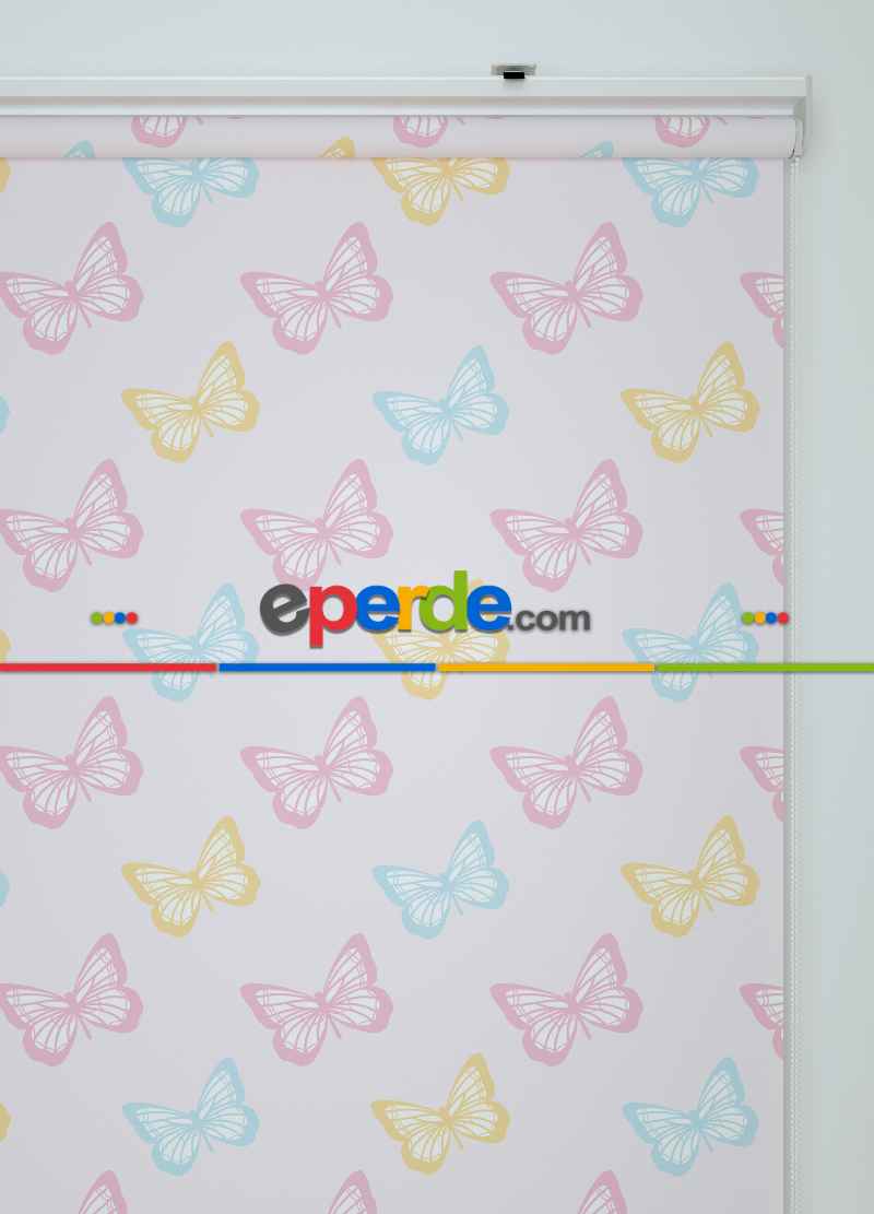 Pembe Kelebek Desenli Baskılı Stor Perde