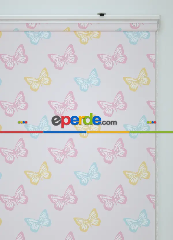 Pembe Kelebek Desenli Baskılı Stor Perde