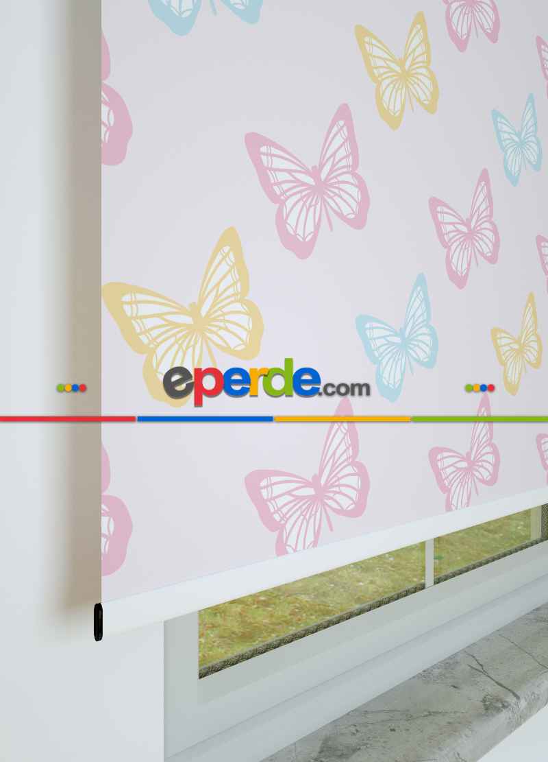 Pembe Kelebek Desenli Baskılı Stor Perde