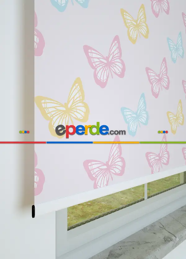 Pembe Kelebek Desenli Baskılı Stor Perde