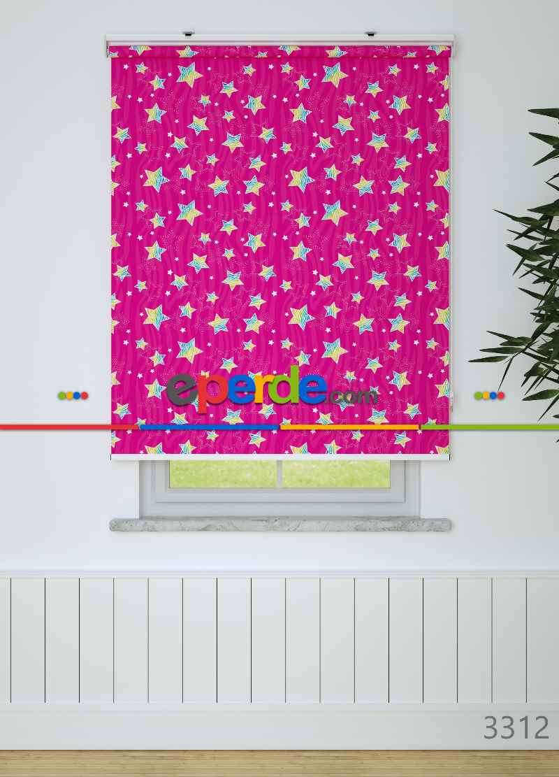 Fuşya Yıldız Desenli Baskılı Stor Perde