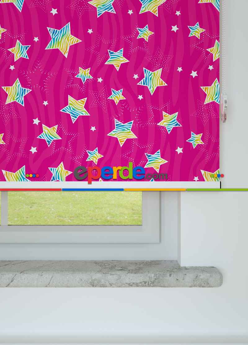 Fuşya Yıldız Desenli Baskılı Stor Perde