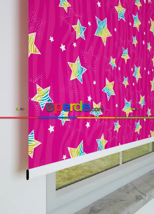 Fuşya Yıldız Desenli Baskılı Stor Perde