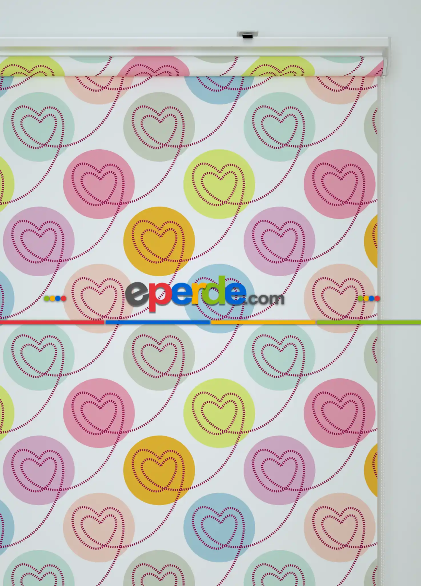 Renkli Kalpler Desenli Baskılı Stor Perde Pembe-yeşil