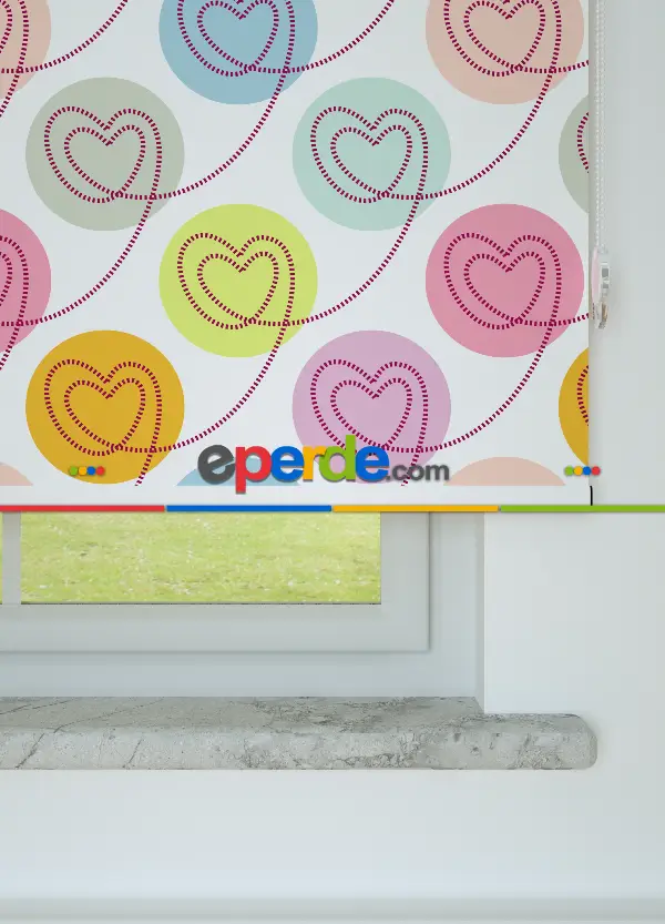 Renkli Kalpler Desenli Baskılı Stor Perde Pembe-yeşil