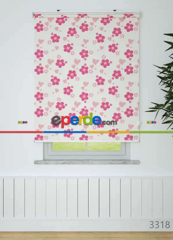 Pembe Çiçek Desenli Baskılı Stor Perde