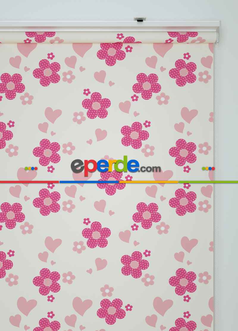 Pembe Çiçek Desenli Baskılı Stor Perde