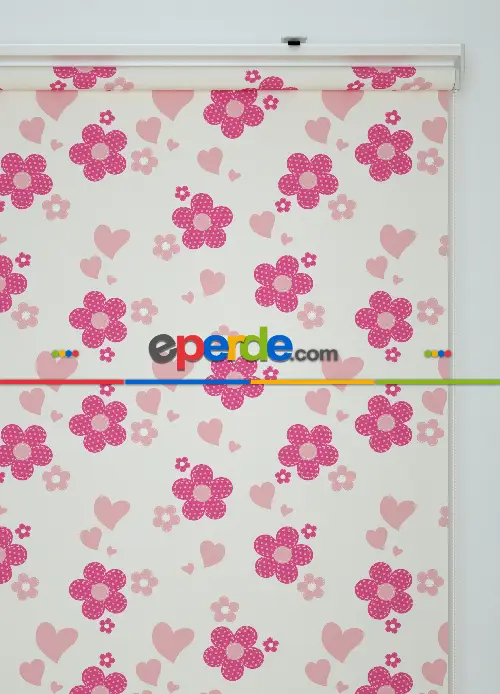 Pembe Çiçek Desenli Baskılı Stor Perde