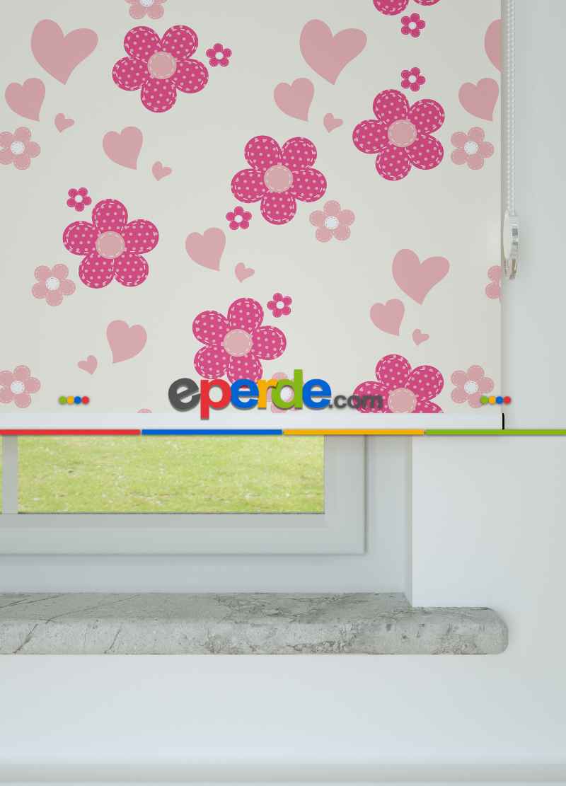 Pembe Çiçek Desenli Baskılı Stor Perde