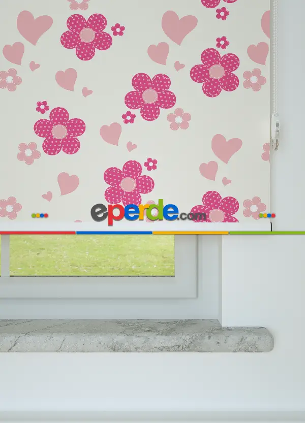 Pembe Çiçek Desenli Baskılı Stor Perde