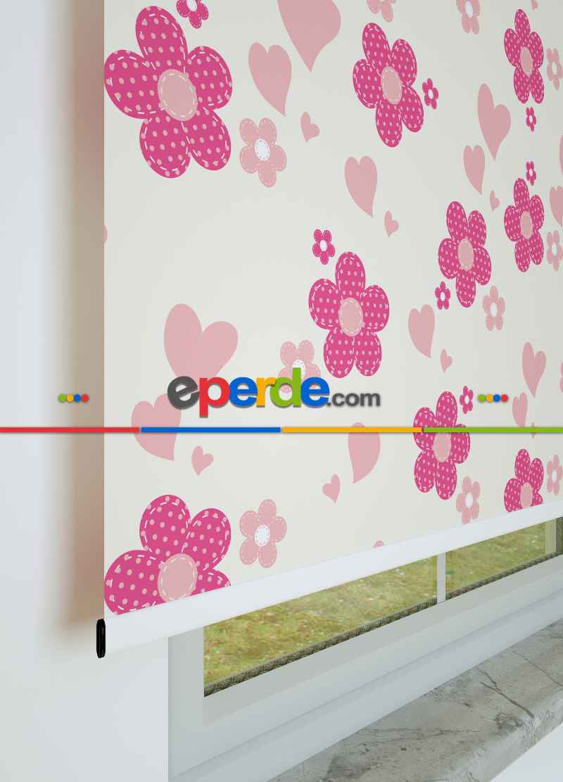 Pembe Çiçek Desenli Baskılı Stor Perde