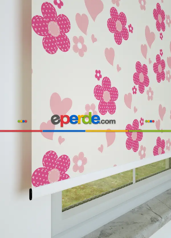 Pembe Çiçek Desenli Baskılı Stor Perde