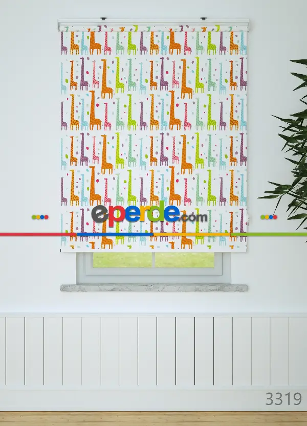 Renkli Zürafalar Desenli Baskılı Stor Perde Turuncu-yeşil-mavi