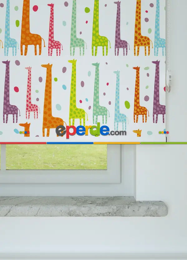 Renkli Zürafalar Desenli Baskılı Stor Perde Turuncu-yeşil-mavi