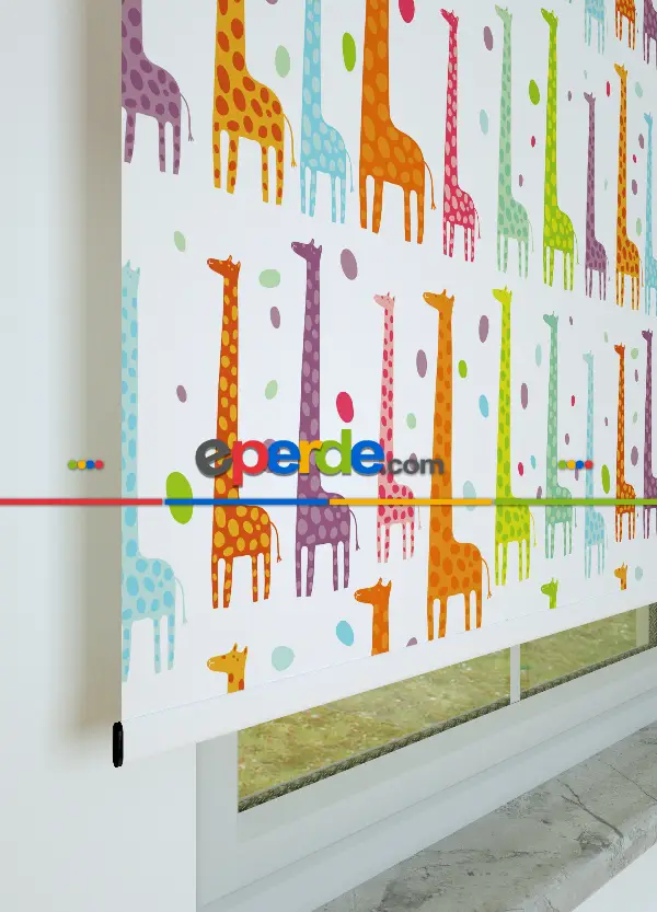 Renkli Zürafalar Desenli Baskılı Stor Perde Turuncu-yeşil-mavi