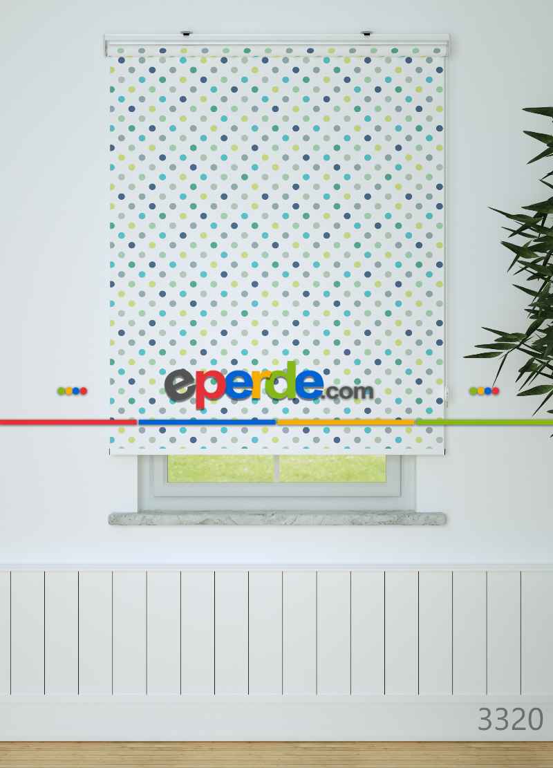 Mavi-yeşil Puantiye Desenli Baskılı Stor Perde