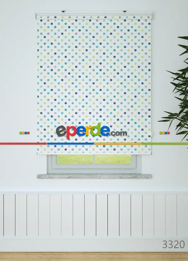 Mavi-yeşil Puantiye Desenli Baskılı Stor Perde