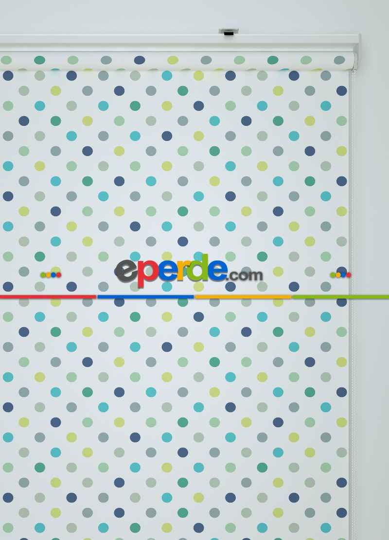 Mavi-yeşil Puantiye Desenli Baskılı Stor Perde