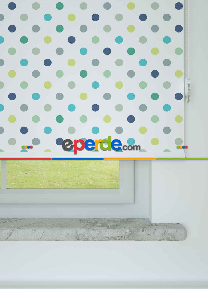 Mavi-yeşil Puantiye Desenli Baskılı Stor Perde