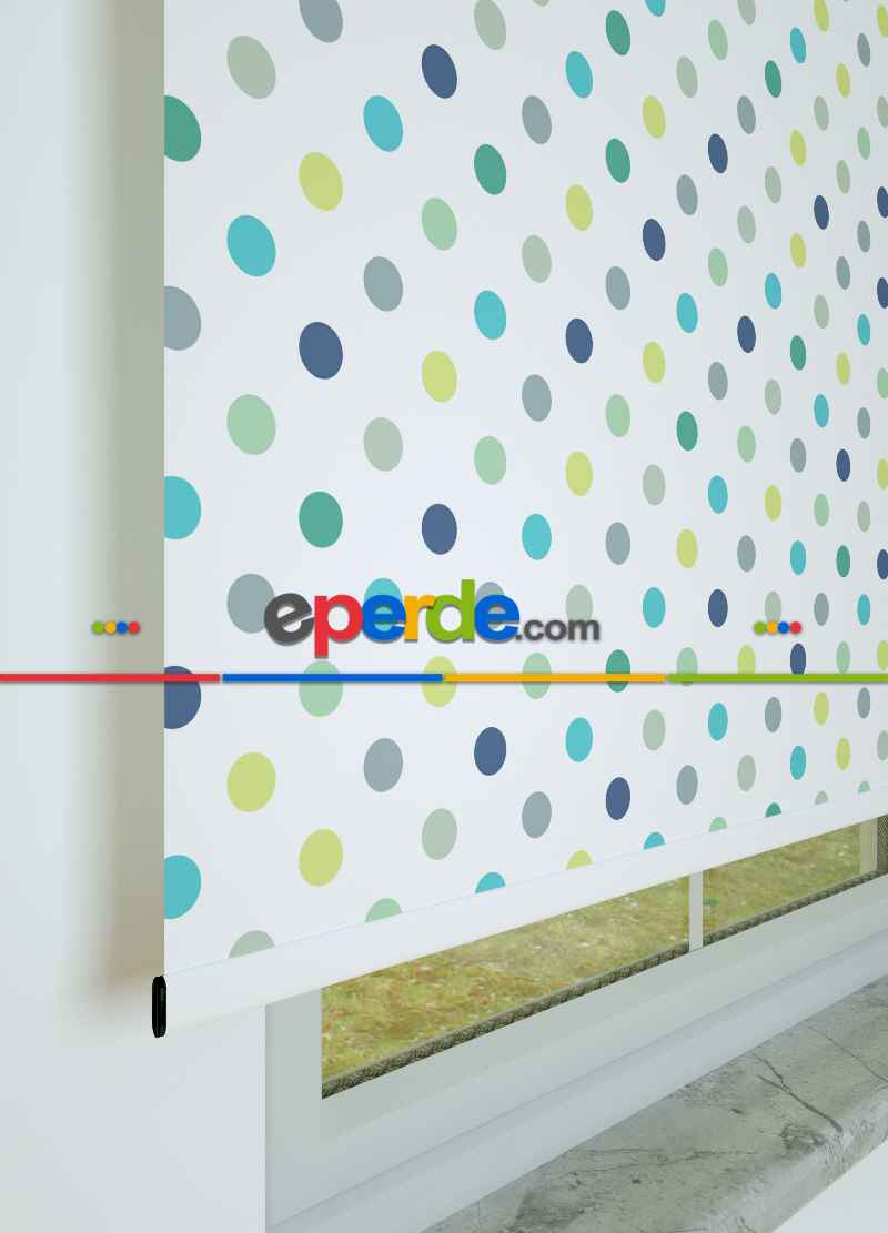 Mavi-yeşil Puantiye Desenli Baskılı Stor Perde