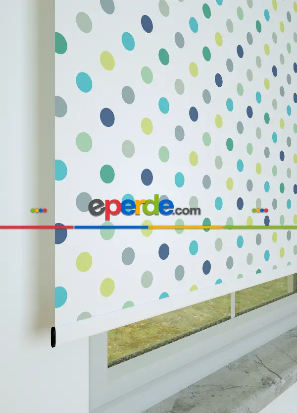 Mavi-yeşil Puantiye Desenli Baskılı Stor Perde