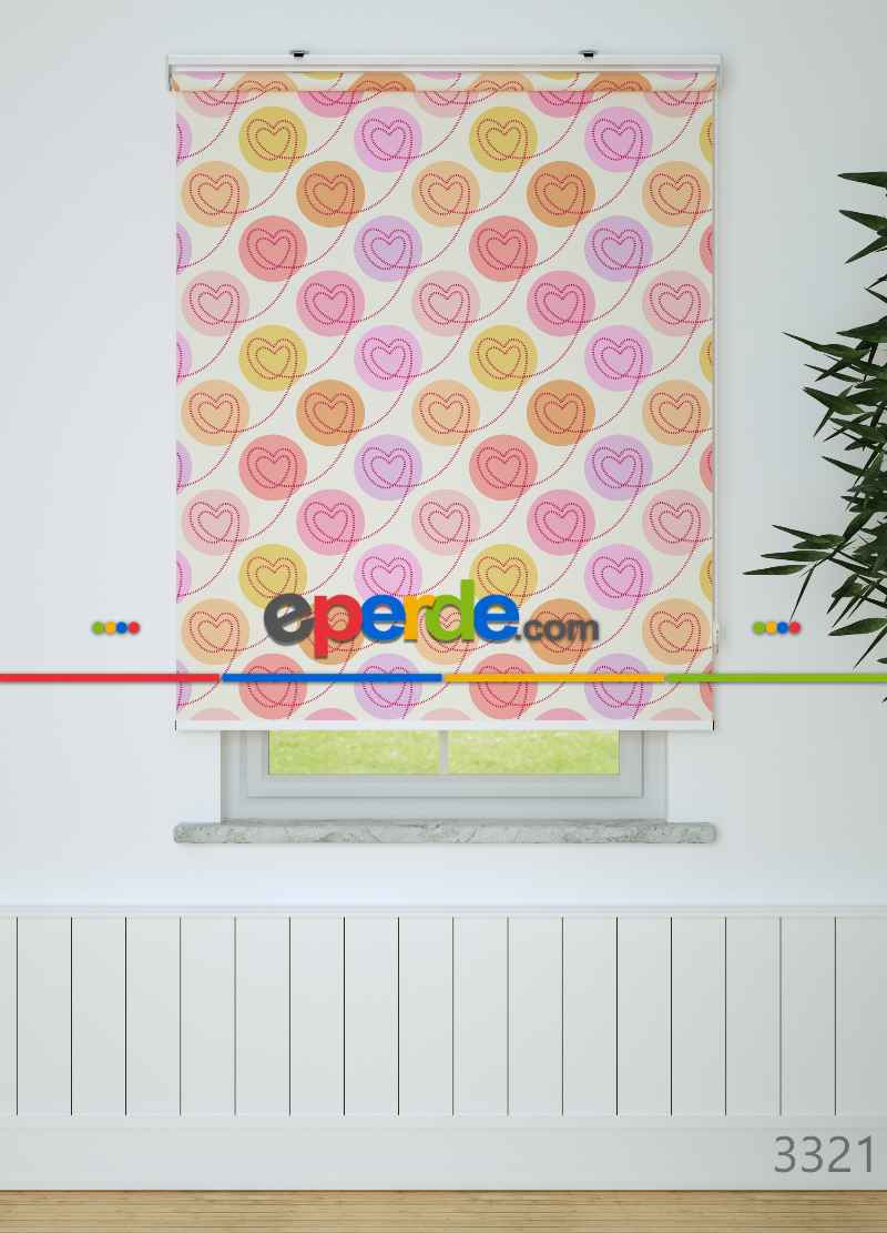 Pembe Kalp Desenli Baskılı Stor Perde Pembe-lila