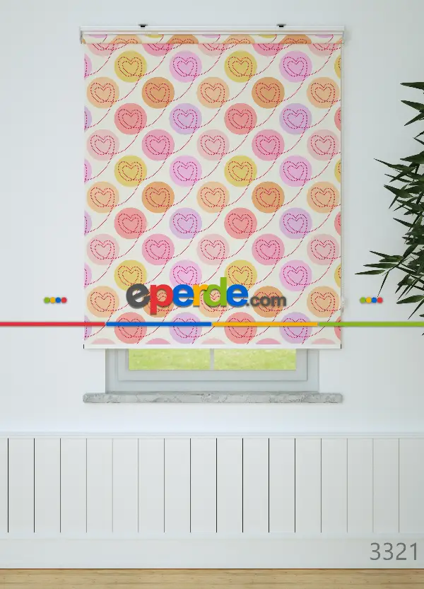 Pembe Kalp Desenli Baskılı Stor Perde Pembe-lila