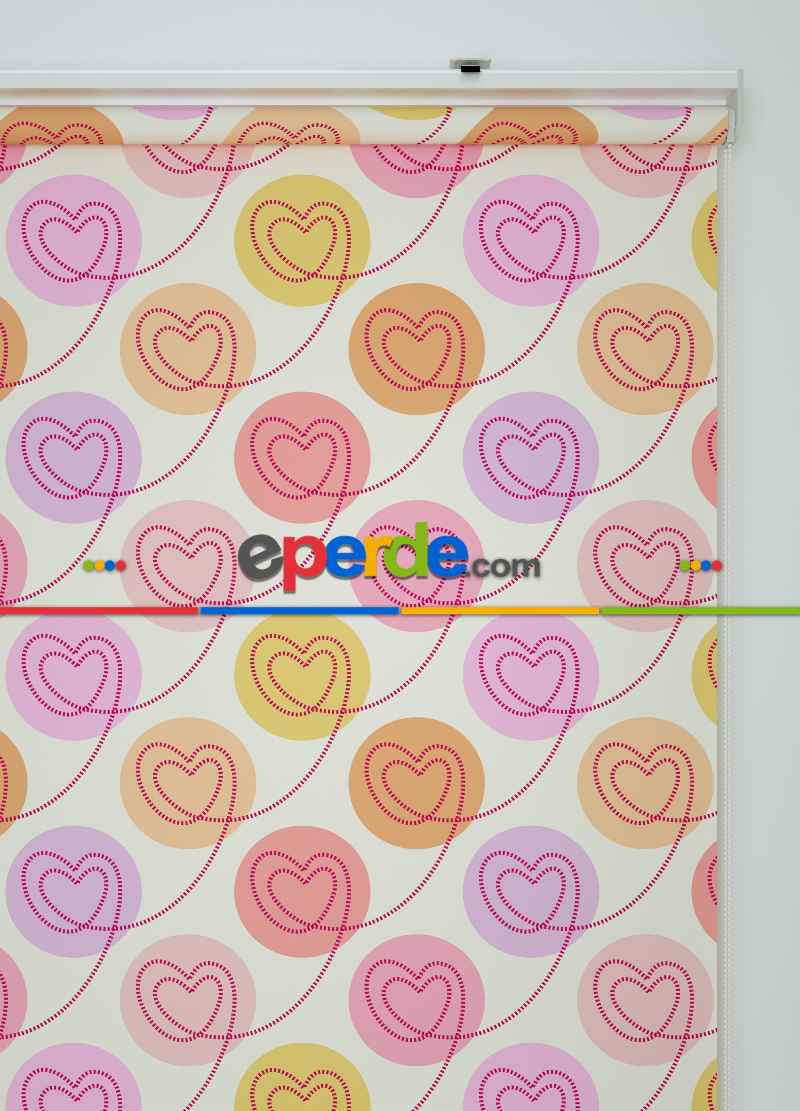 Pembe Kalp Desenli Baskılı Stor Perde Pembe-lila