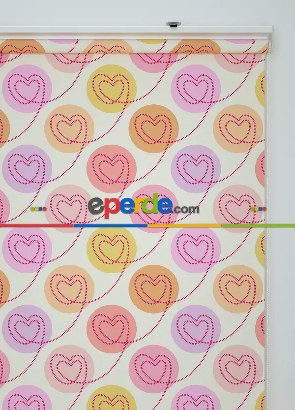 Pembe Kalp Desenli Baskılı Stor Perde Pembe-lila