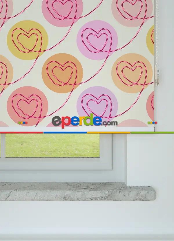 Pembe Kalp Desenli Baskılı Stor Perde Pembe-lila