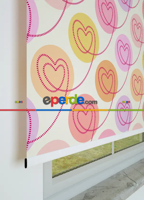 Pembe Kalp Desenli Baskılı Stor Perde Pembe-lila