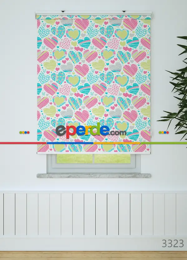 Pembe Kalpler Desenli Baskılı Stor Perde