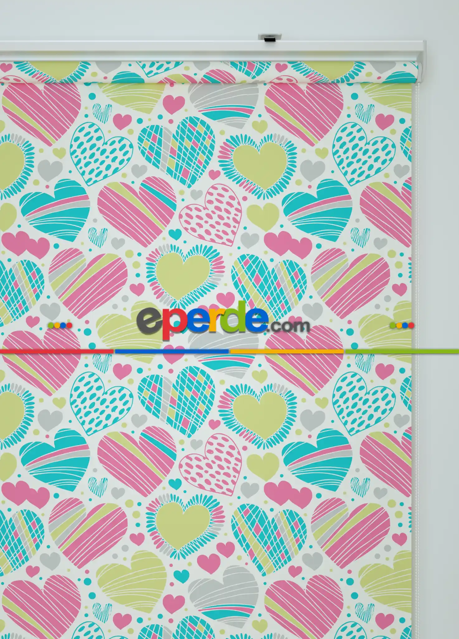 Pembe Kalpler Desenli Baskılı Stor Perde