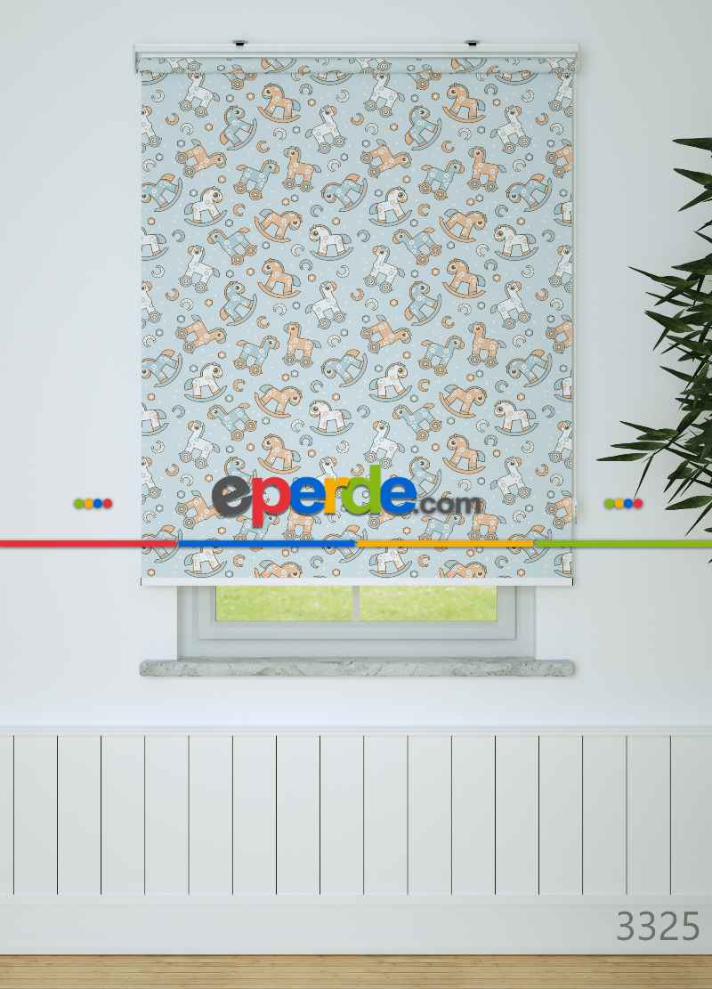 Sevimli Tahta At Desenli Baskılı Stor Perde- Bebek Mavisi