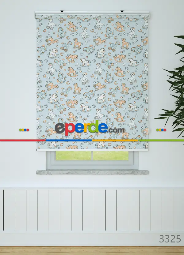 Sevimli Tahta At Desenli Baskılı Stor Perde- Bebek Mavisi