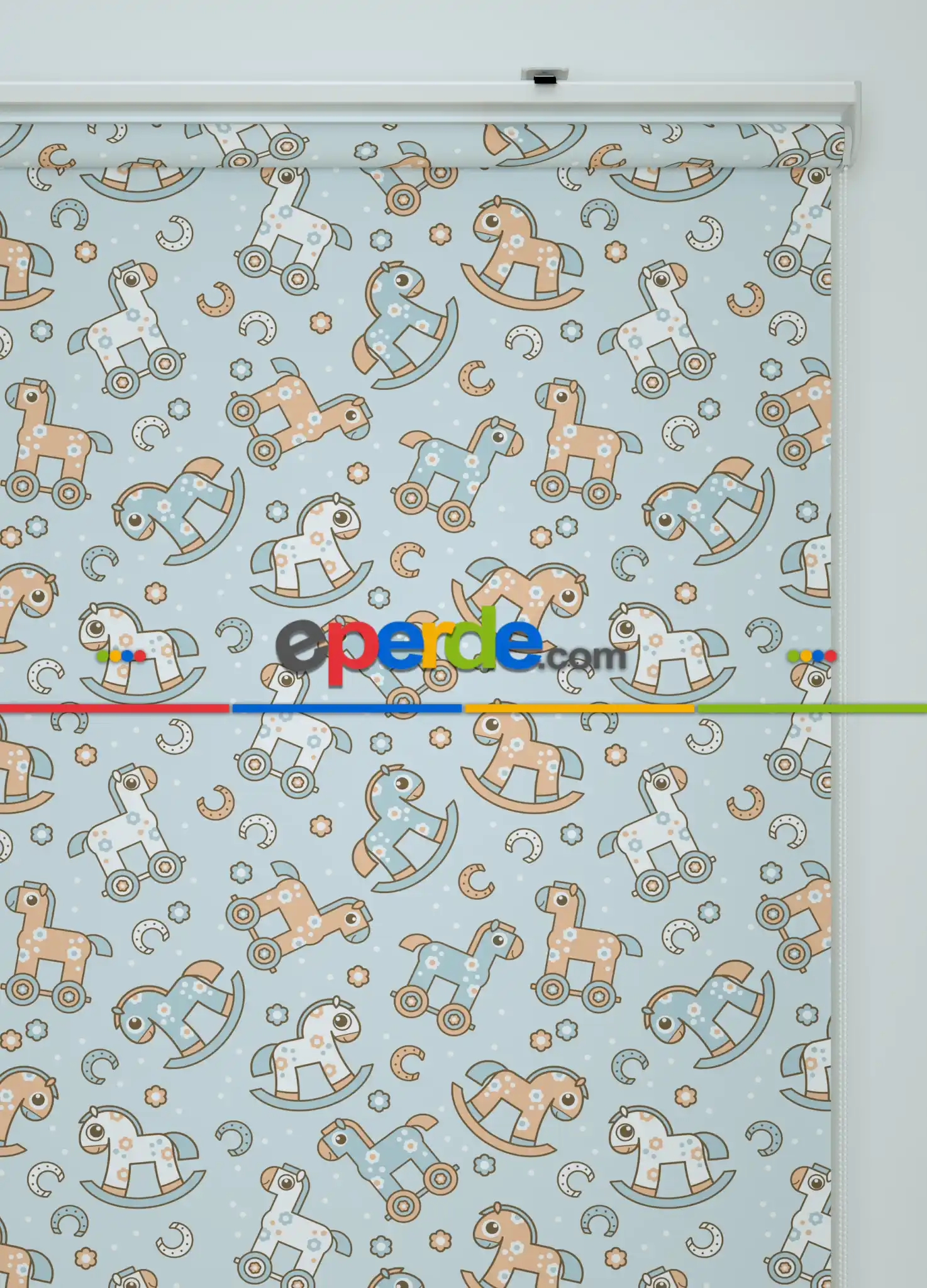 Sevimli Tahta At Desenli Baskılı Stor Perde- Bebek Mavisi