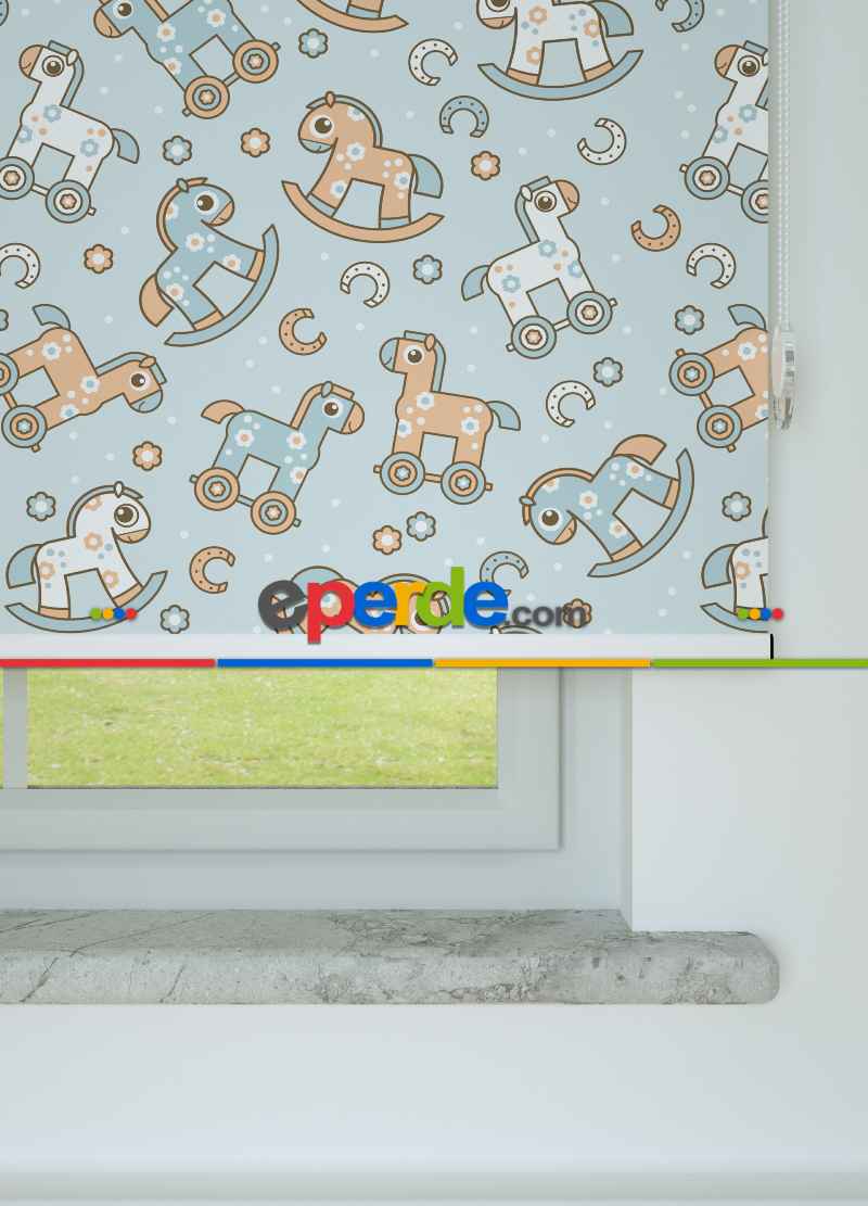 Sevimli Tahta At Desenli Baskılı Stor Perde- Bebek Mavisi