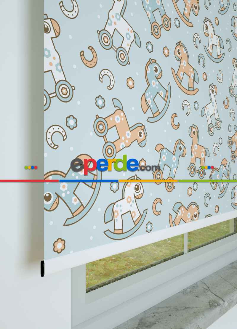 Sevimli Tahta At Desenli Baskılı Stor Perde- Bebek Mavisi