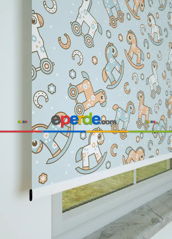 Sevimli Tahta At Desenli Baskılı Stor Perde- Bebek Mavisi