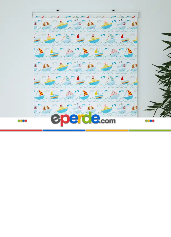 Mavi Gemi Desenli Baskılı Stor Perde