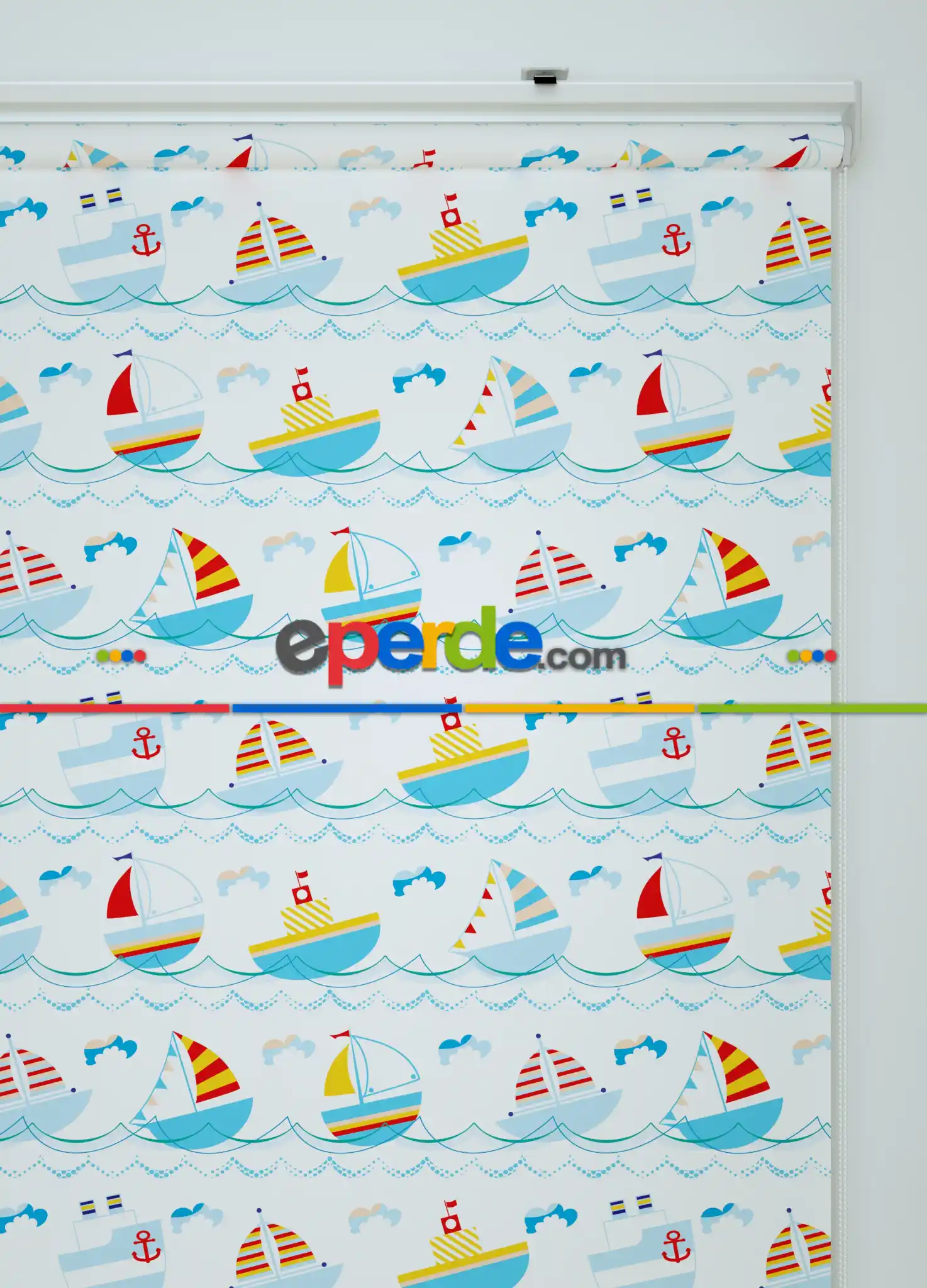 Mavi Gemi Desenli Baskılı Stor Perde