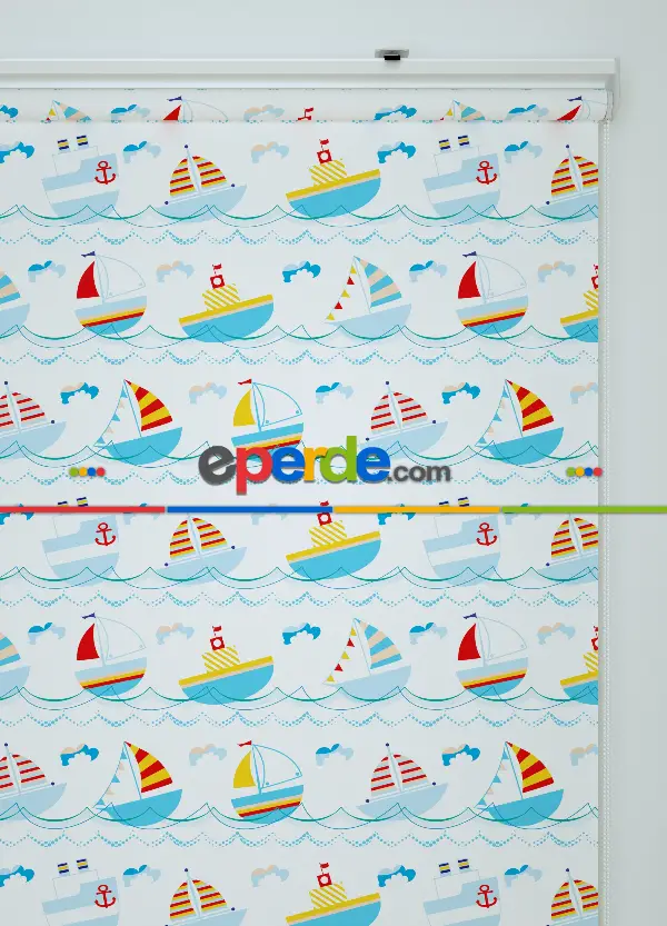 Mavi Gemi Desenli Baskılı Stor Perde