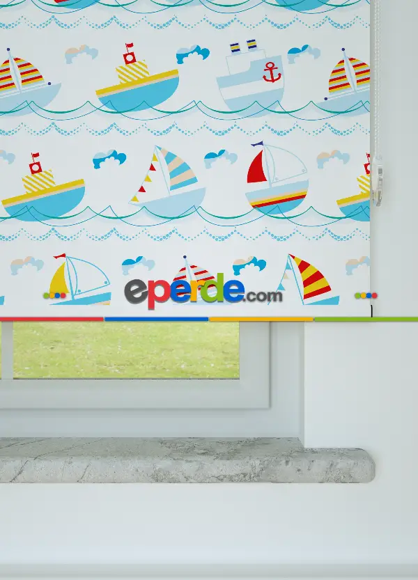 Mavi Gemi Desenli Baskılı Stor Perde