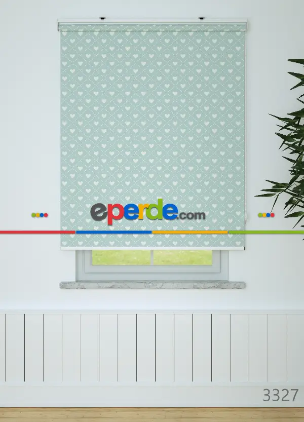 Mint Yeşili Kalp Desenli Baskılı Stor Perde