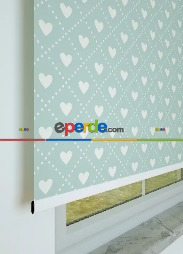 Mint Yeşili Kalp Desenli Baskılı Stor Perde