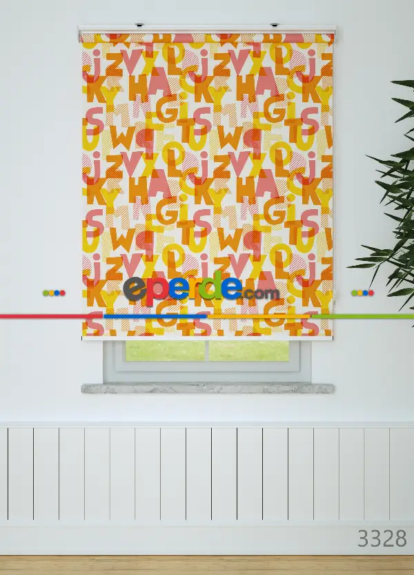 Alfabe Desenli Baskılı Stor Perde