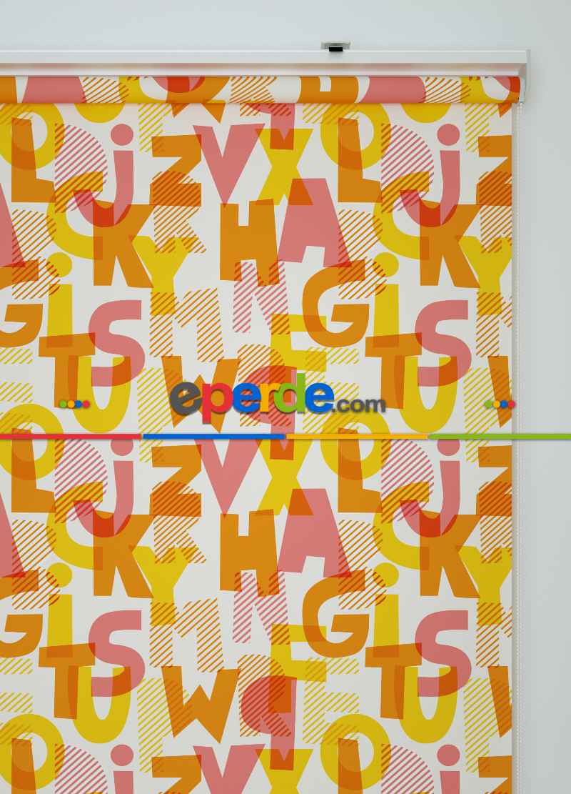 Alfabe Desenli Baskılı Stor Perde