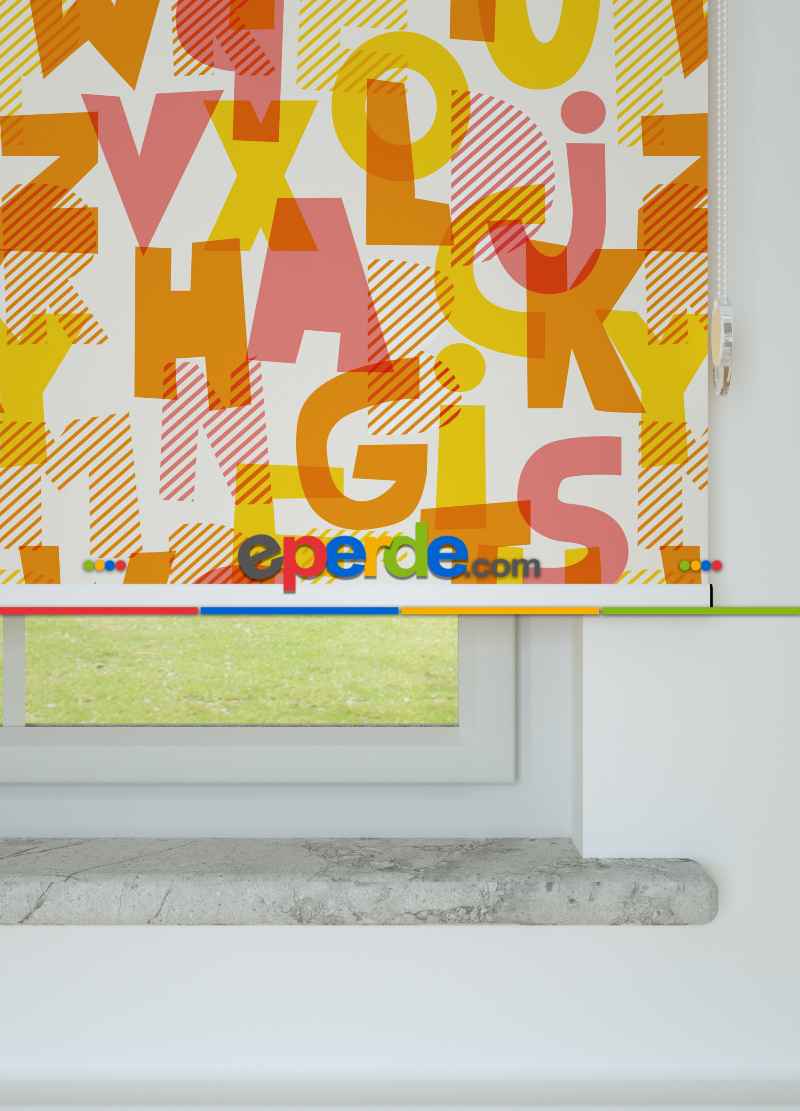 Alfabe Desenli Baskılı Stor Perde