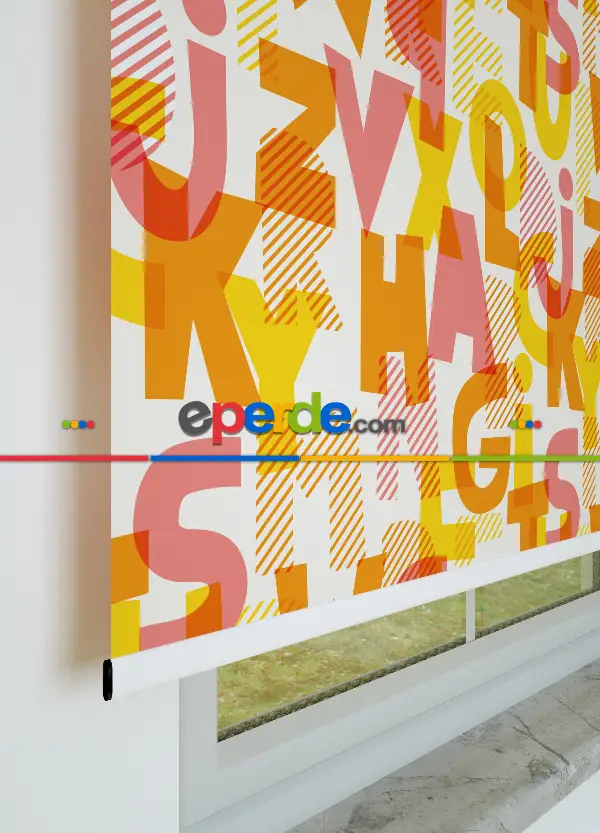 Alfabe Desenli Baskılı Stor Perde