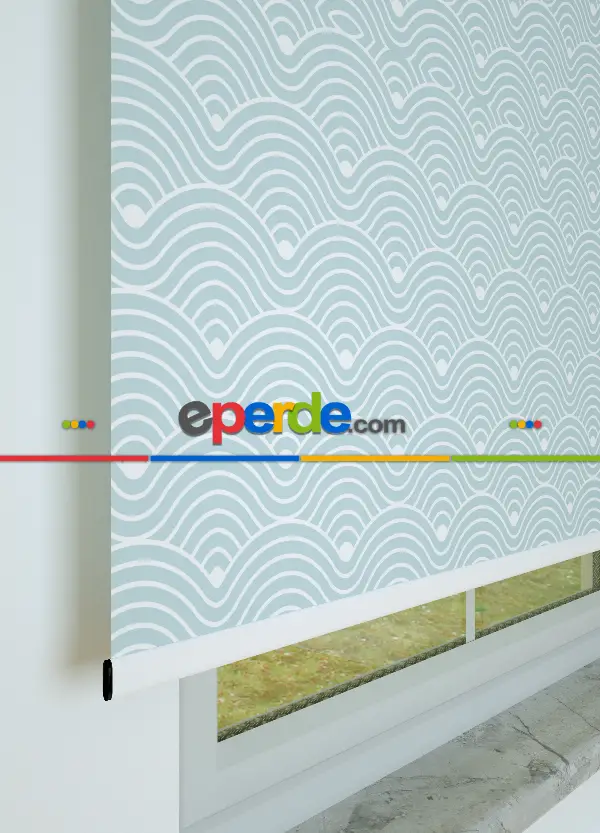 Mavi Dalga Desenli Baskılı Stor Perde